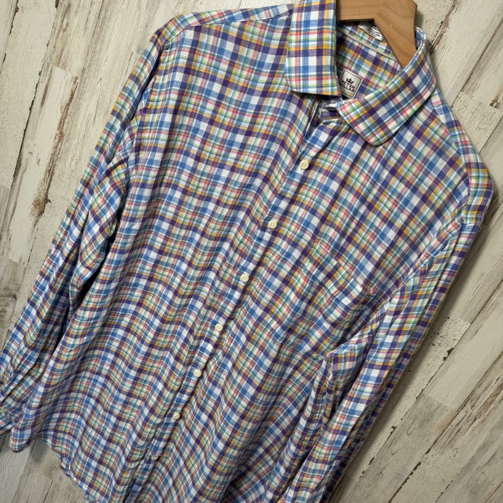 Peter Millar Crown Crafted Plaid Pastel 100% Linen Button Up Shirt Mens Size L‎